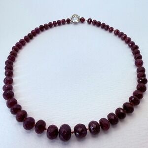 Vintage Graduated Faceted Ruby Red Glass Bead Necklace Crystal Box Clasp